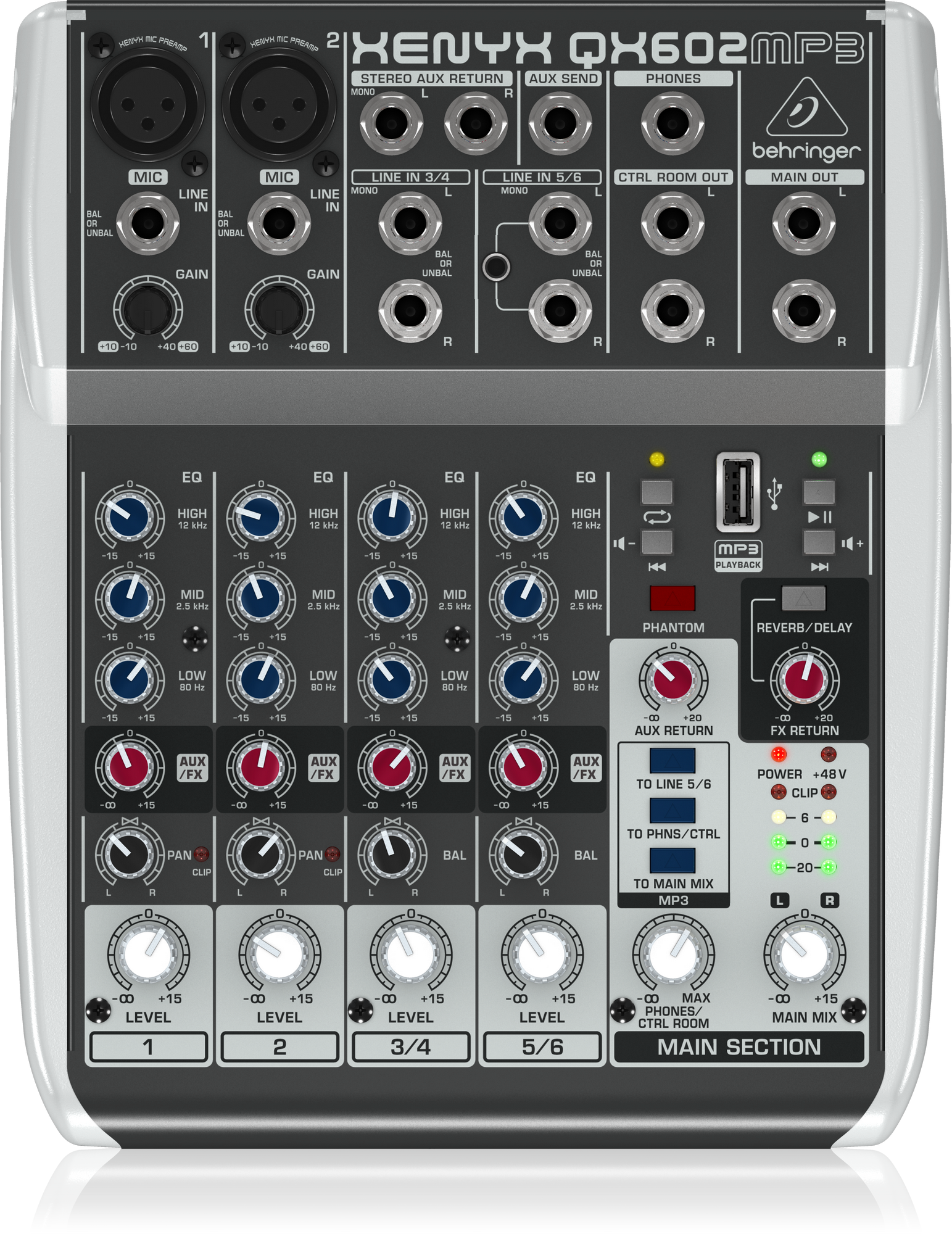 Behringer XENYX QX602MP3 Premium 6-Input 2-Bus Mixer with XENYX Mic Preamps British EQ MP3 Player and Multi-FX