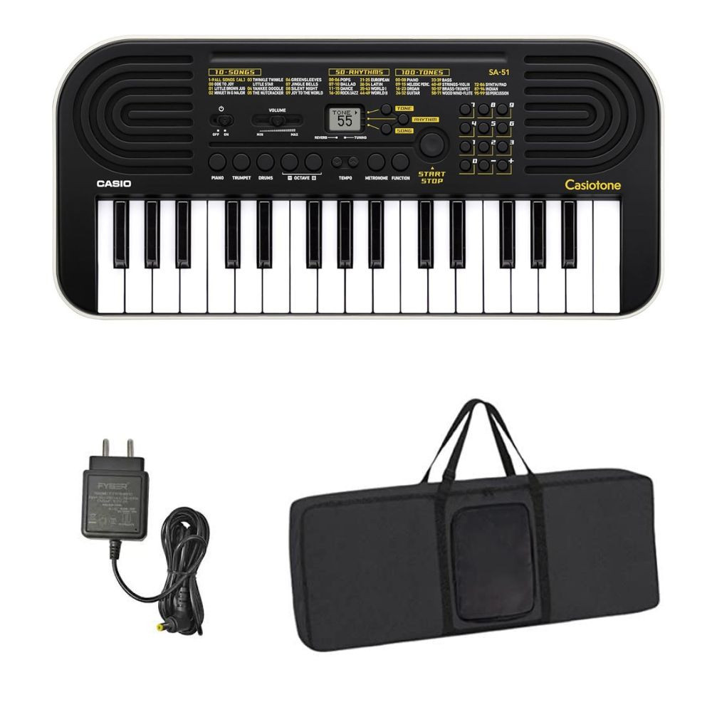 Image of Casiotone Mini Keyboard SA-51 with Piano tones, Black with Adapter and Padded Bag