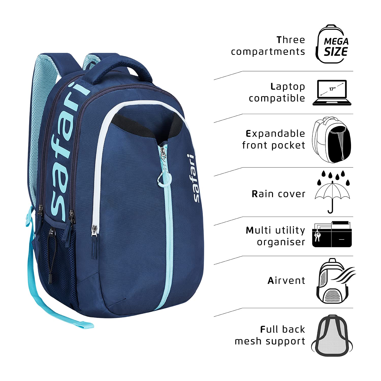 Safari Expand 4 Backpack with Laptop Compartment and Rain Cover Blue