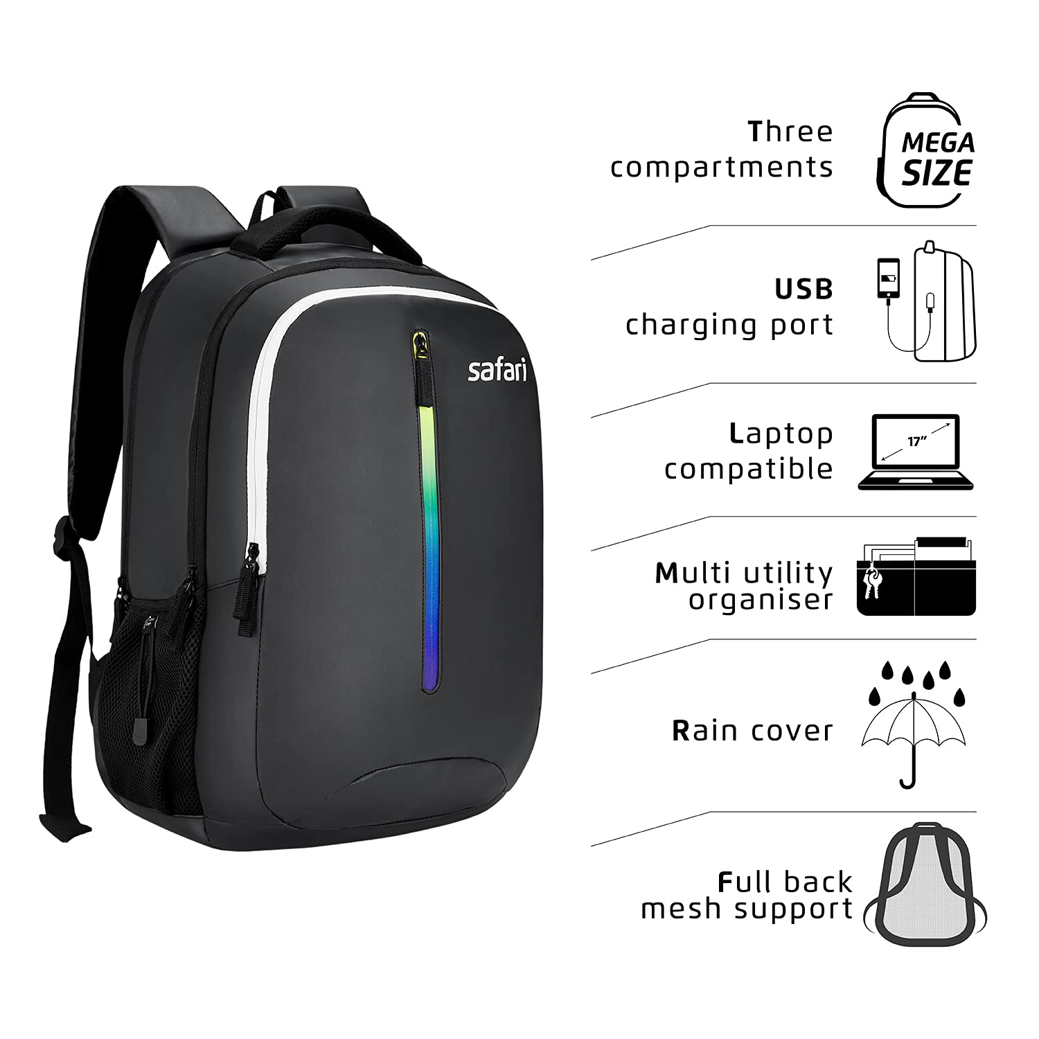 Safari Zing 1 Backpack with USB Charging Port Black
