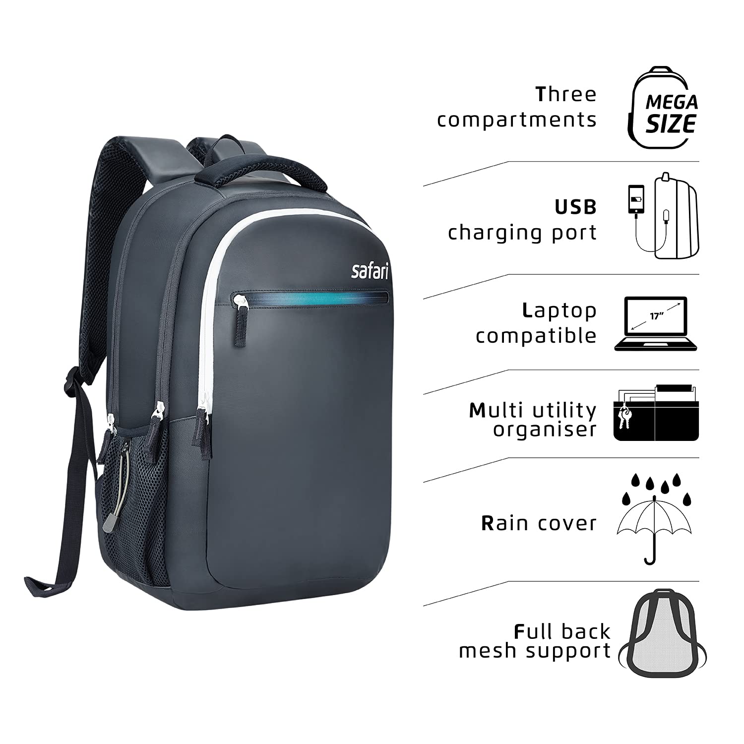 Safari Zing 2 Backpack with USB Charging Port Blue
