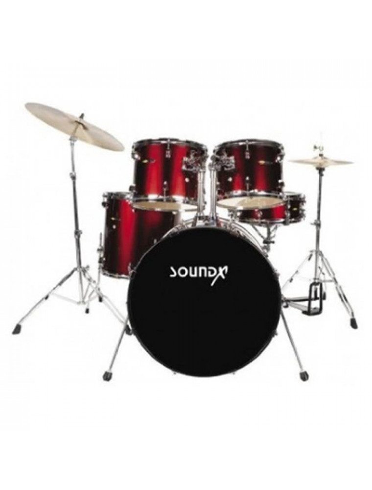 SoundX SX-100 5-Piece Acoustic Drum Set with Hardware Cymbals and Throne Color Red Wine