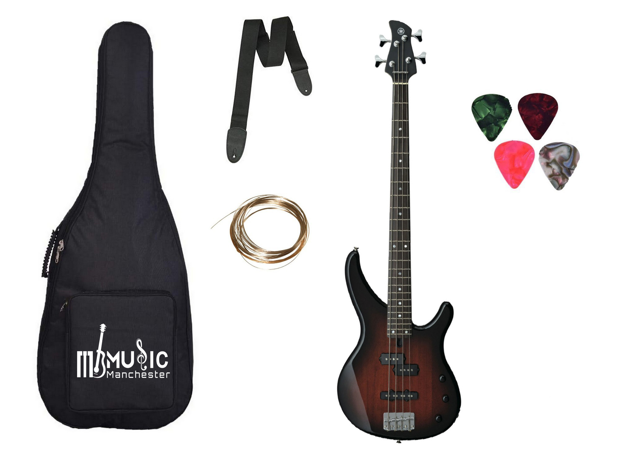 Yamaha TRBX174 4-String Electric Bass with Bag Belt String and Plectrums Combo- Old Violin Sunburst