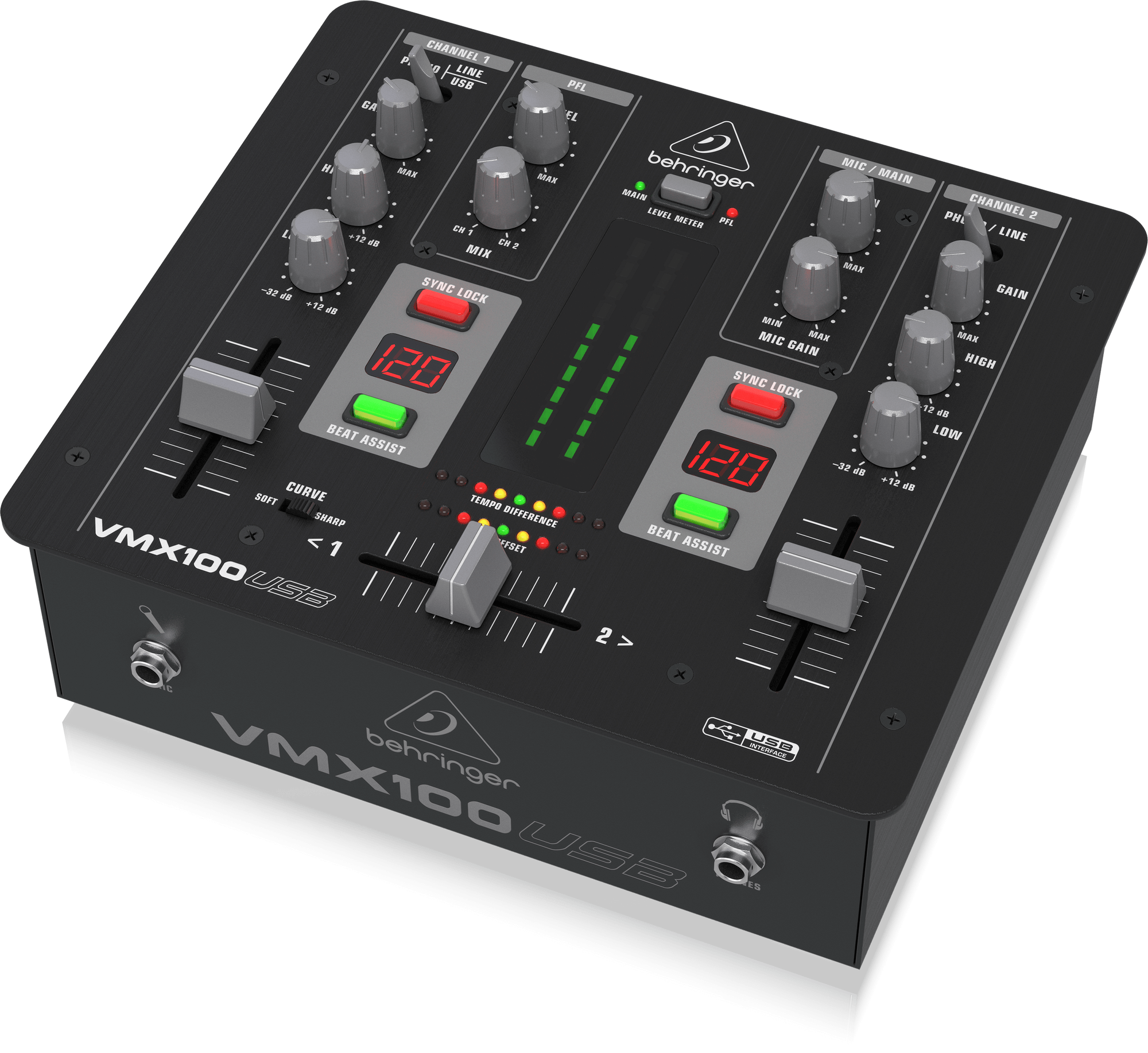Behringer PRO MIXER VMX100USB Professional 2-Channel DJ Mixer with USBAudio Interface BPM Counter and VCA Control