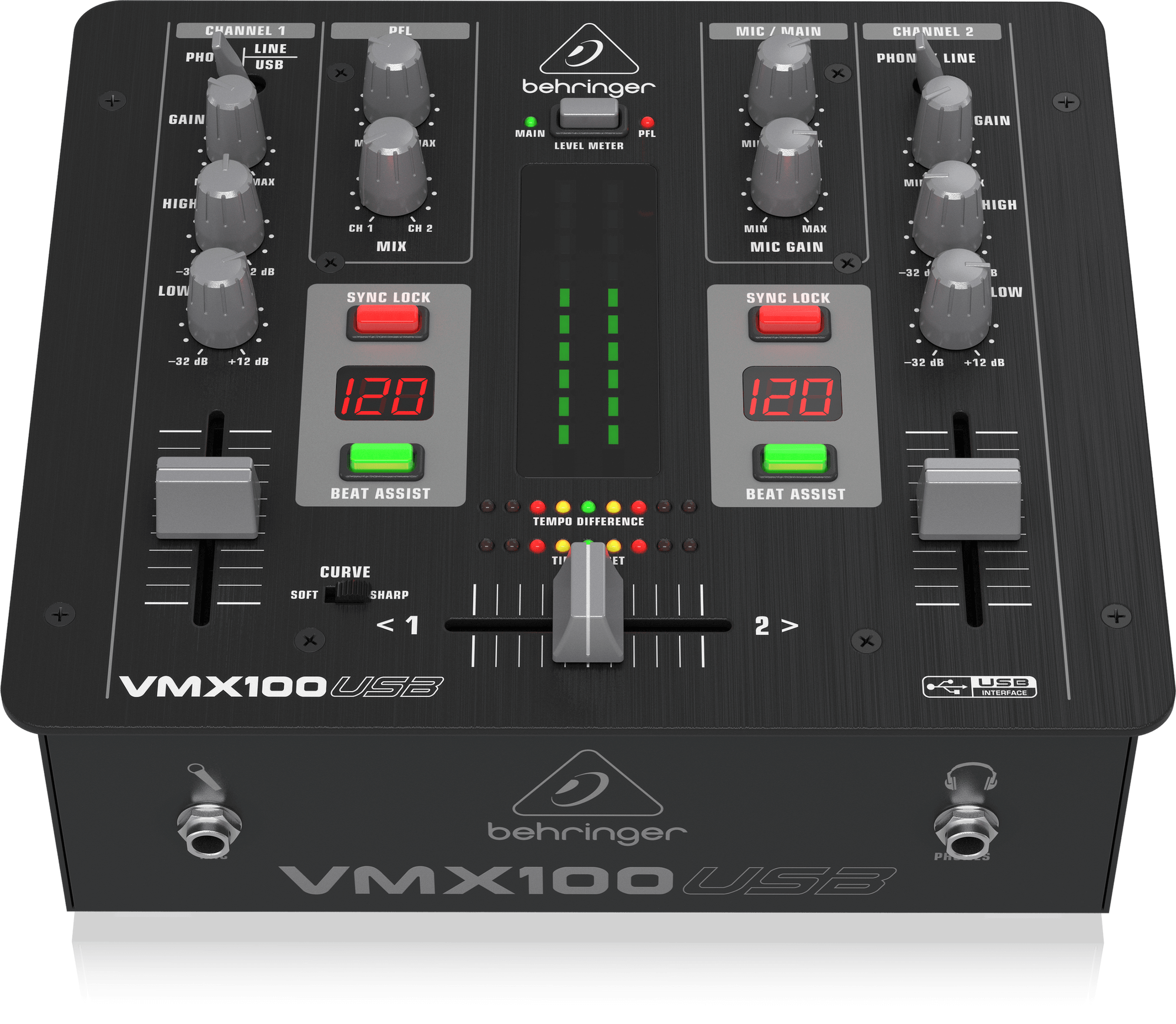 Behringer PRO MIXER VMX100USB Professional 2-Channel DJ Mixer with USBAudio Interface BPM Counter and VCA Control