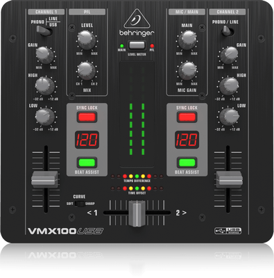 Behringer PRO MIXER VMX100USB Professional 2-Channel DJ Mixer with USBAudio Interface BPM Counter and VCA Control