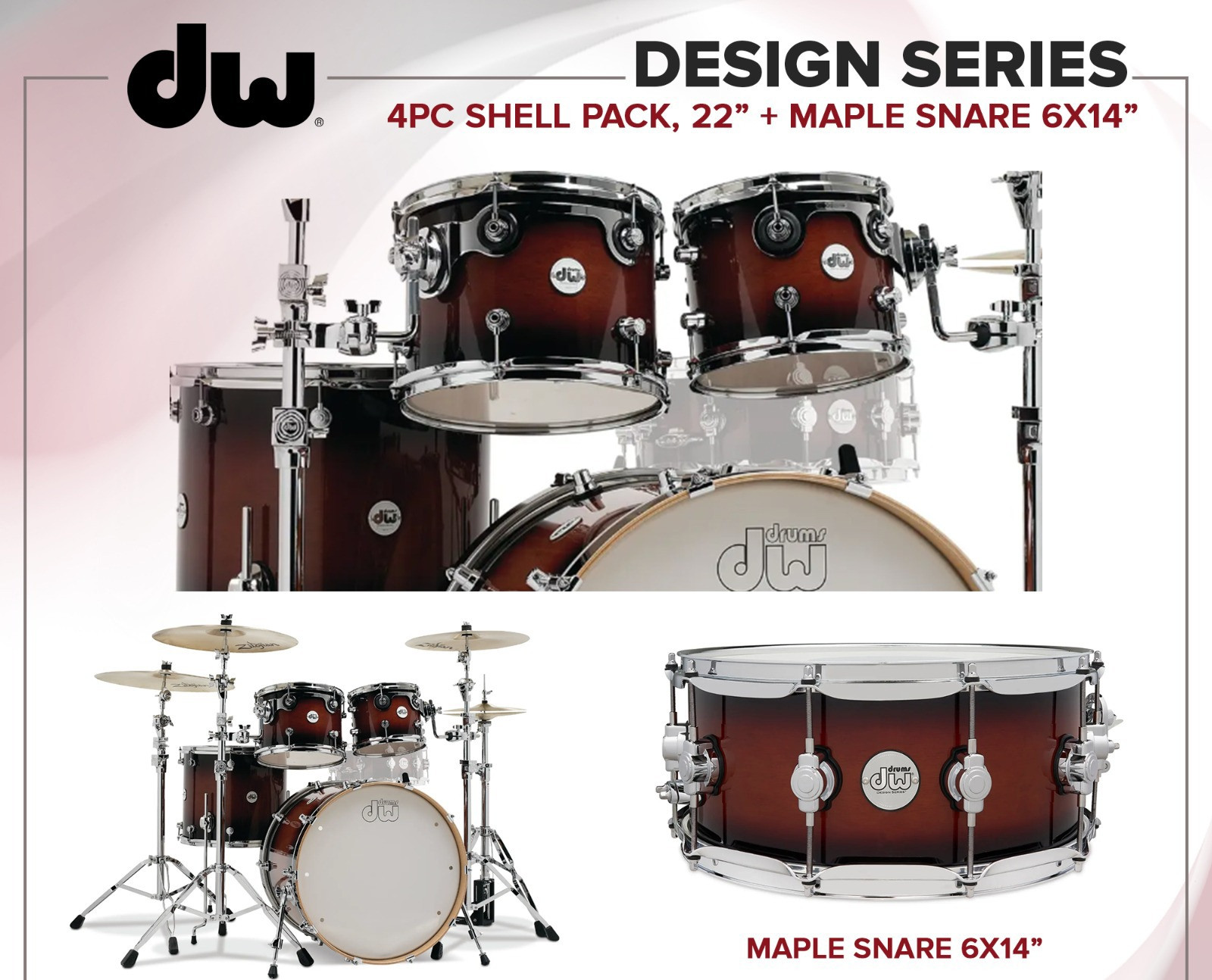 DW Design Series 4-piece Shell Pack -Acoustic Drum Set with Maple Snare - Tobacco Burst