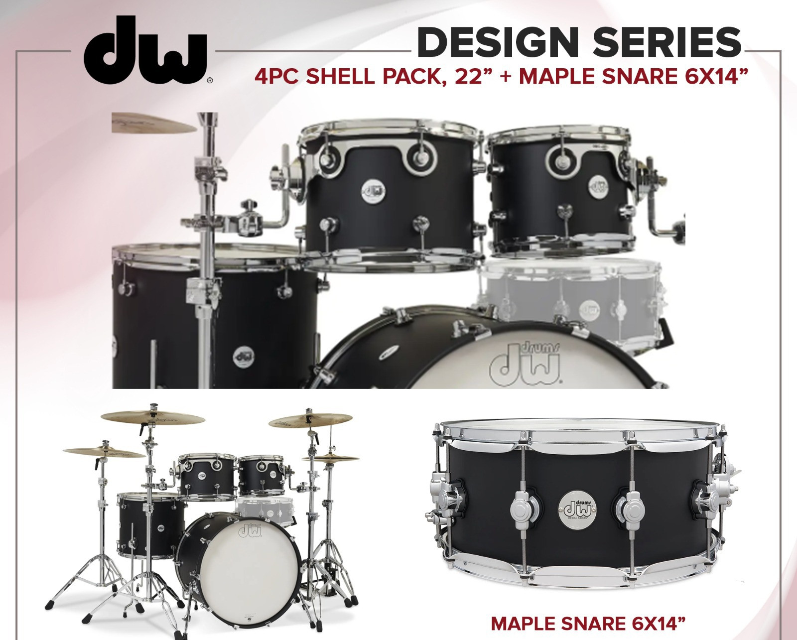 DW Design Series 4-piece Shell Pack -Acoustic Drum Set with Maple Snare - Satin Black