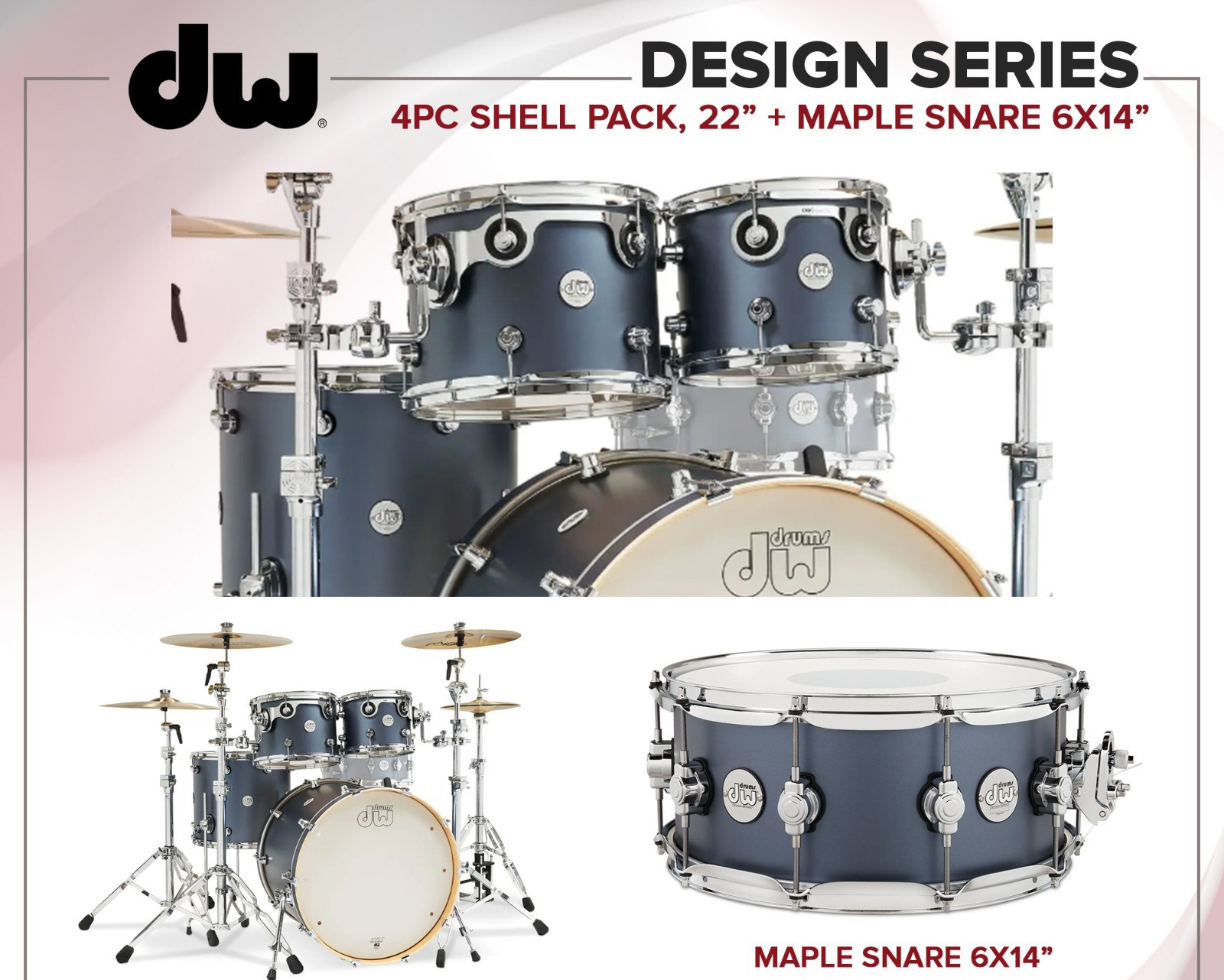 DW Design Series 4-piece Shell Pack -Acoustic Drum Set with Maple Snare - Satin Blue