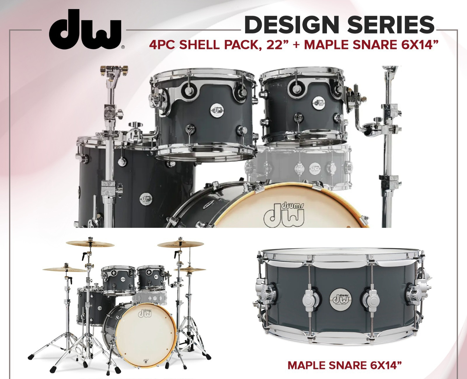DW Design Series 4-piece Shell Pack -Acoustic Drum Set with Maple Snare - Steel Gray