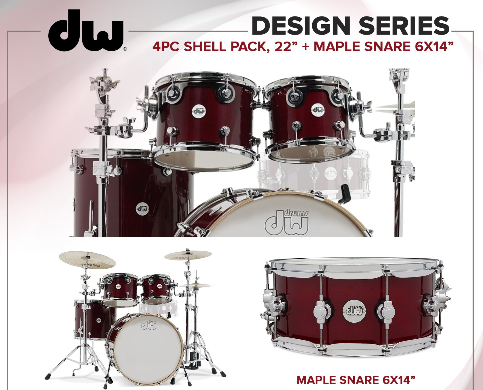 DW Design Series 4-piece Shell Pack -Acoustic Drum Set with Maple Snare - Cherry Red