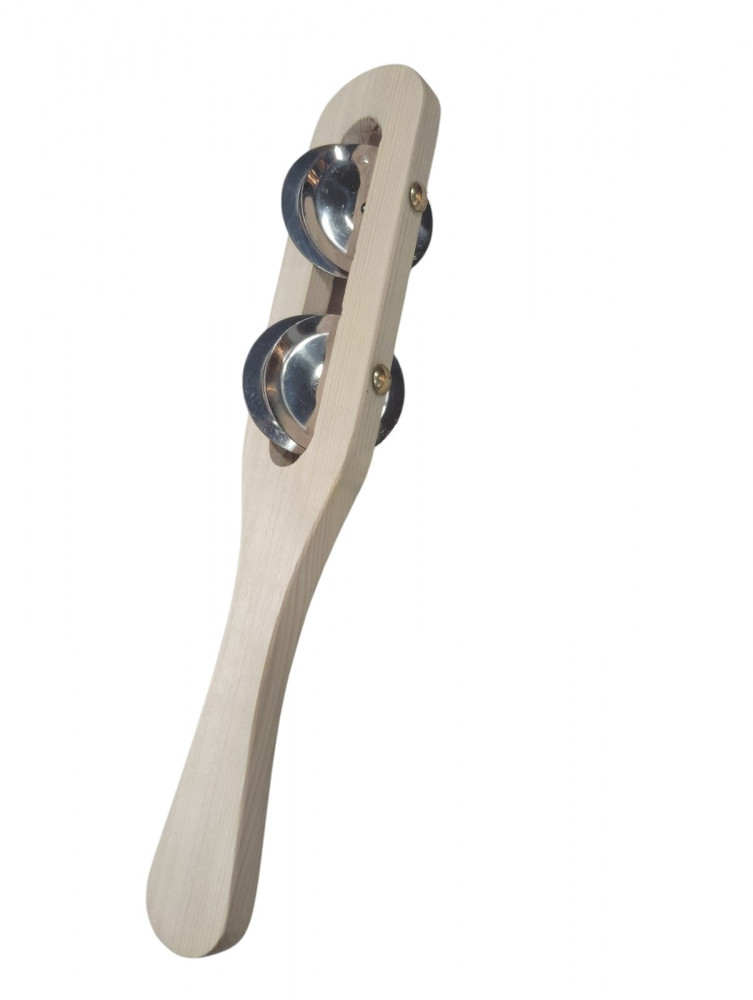 Image of one Jingling Discs Jingle, Hand Percussion Wooden Jingle Stick, Natural Wood Wooden Rhythm Stick, Rounded Handle.