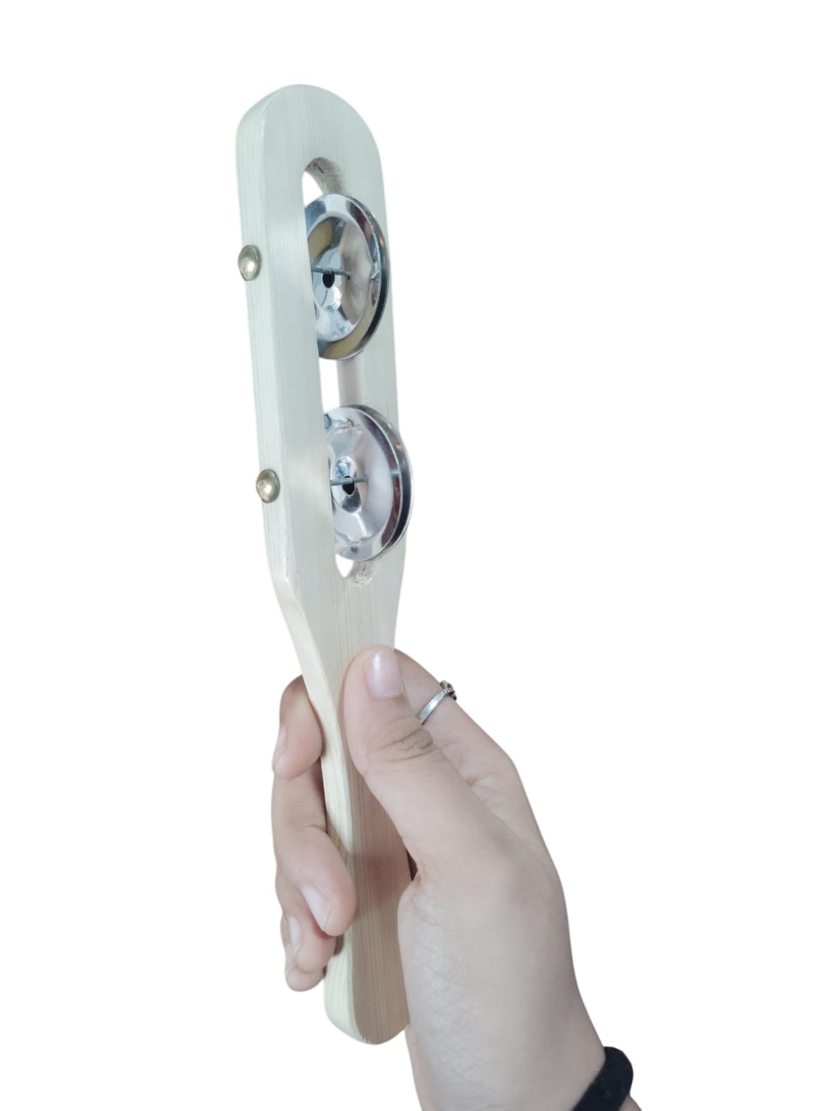 one Jingling Discs Jingle Hand Percussion Wooden Jingle Stick Natural Wood Wooden Rhythm Stick Rounded Handle