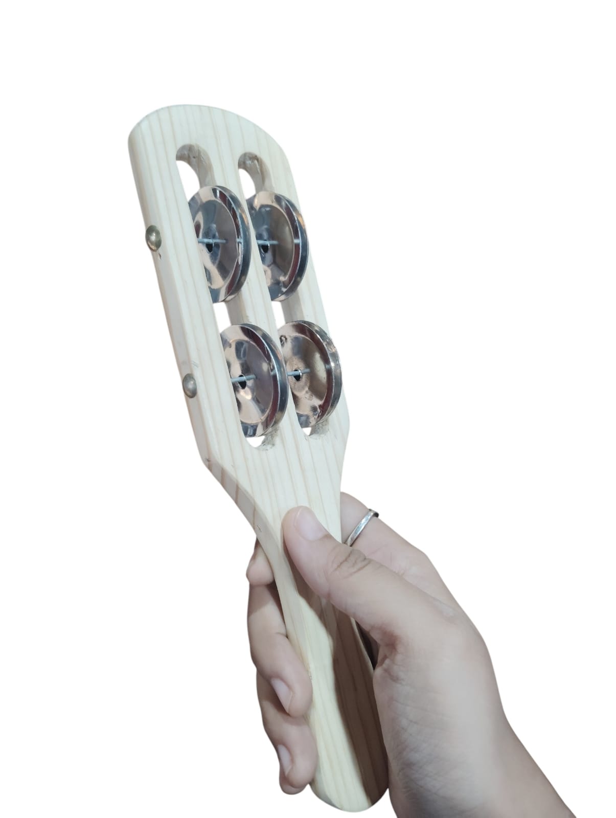Two Jingling Discs Jingle Hand Percussion Wooden Jingle Stick Natural Wood Wooden Rhythm Stick Rounded Handle