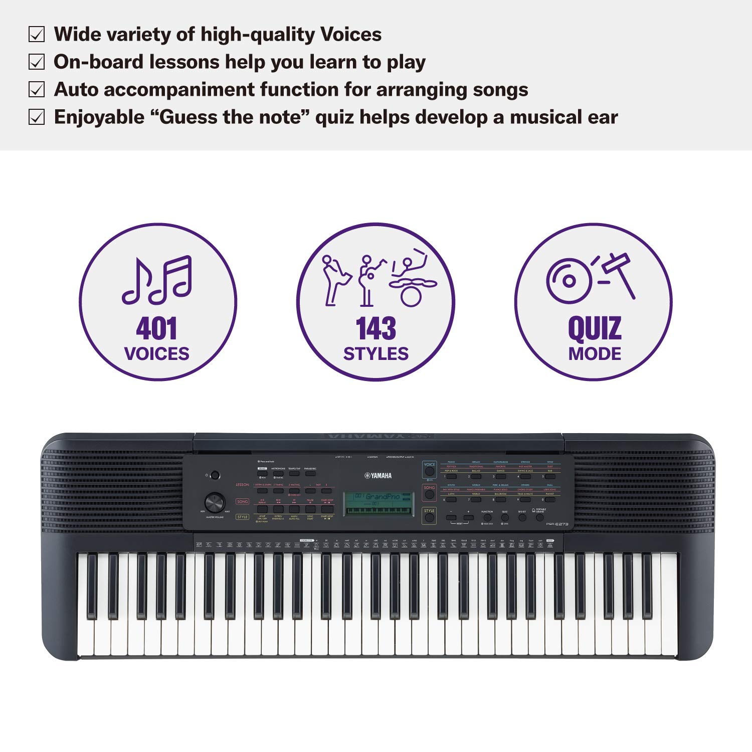 Yamaha E-273 Keyboard with Adapter Headphone Sustain Pedal Stand Combo Pack