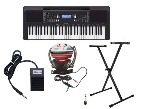 Yamaha E373 Keyboard with Adapter Headphone Sustain Pedal Stand Combo Pack