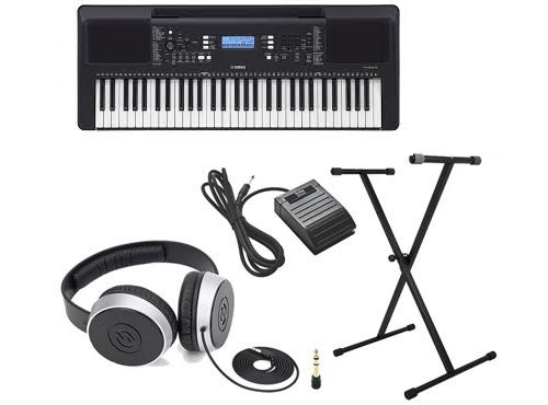 Yamaha E373 Keyboard with Adapter Headphone Sustain Pedal Stand Combo Pack