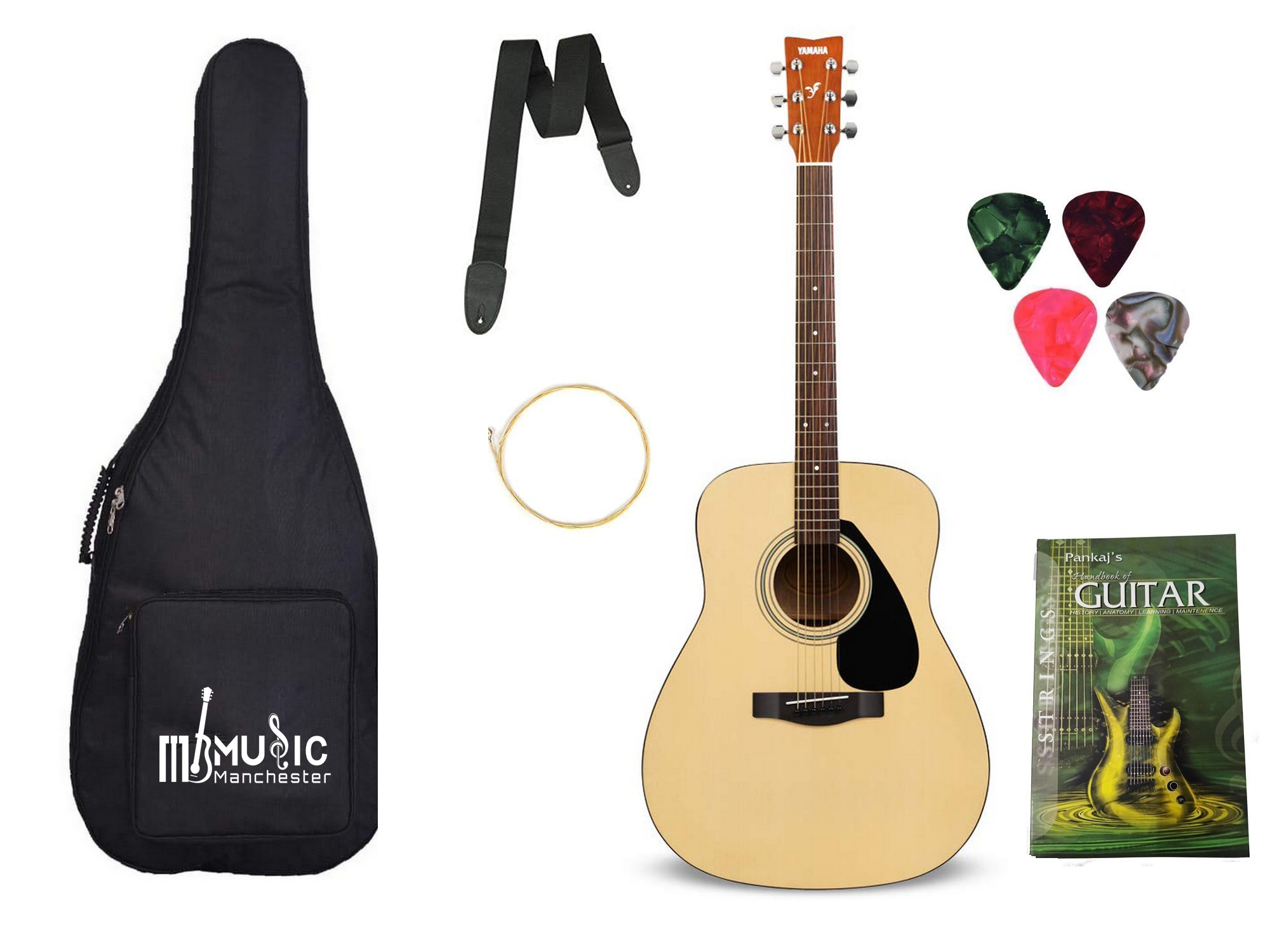 Yamaha F310 6-Strings Acoustic Guitar Natural With Padded Bag Belt String Set and Plectrums