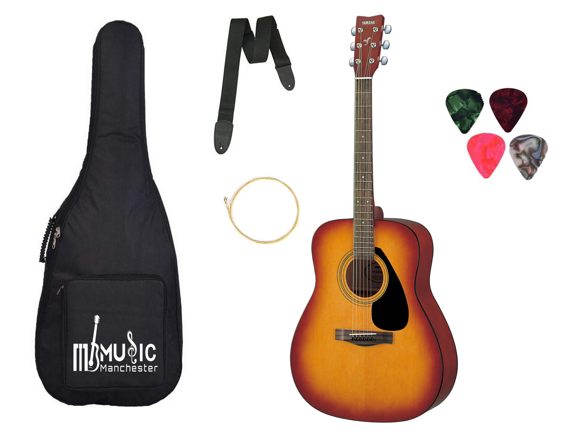 Yamaha F310-TBS Right Handed Acoustic Guitar Tobacco Sunburst 6-Strings With Padded Carry Bag Belt Picks and String - Combo Pack