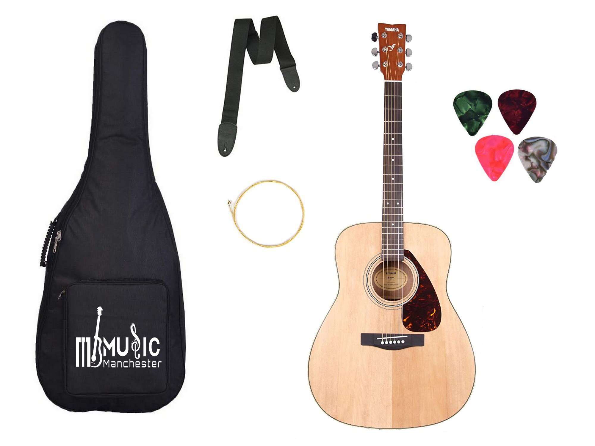 Yamaha F370 DW Acoustic Guitar Natural With Padded Bag String Set Belt and Plectrums