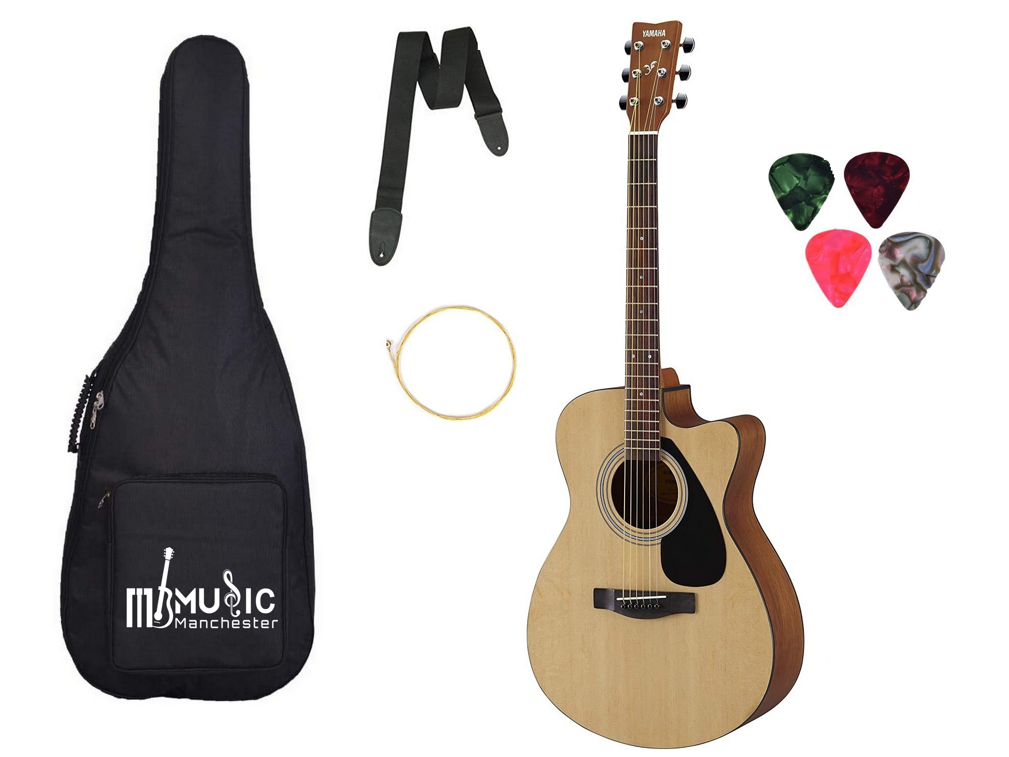 Yamaha FS80C The Ultimate Concert-body Cutway Acoustic Guitar with padded carry bag 4 picks and belt combo pack
