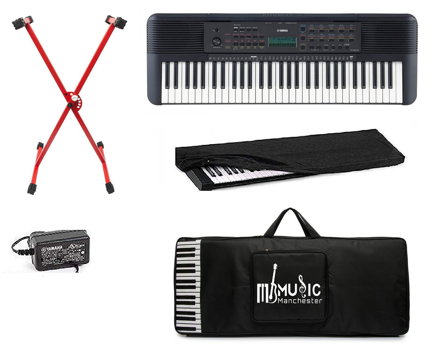Yamaha PSR-E273 61-Key Portable Keyboard with Power Adapter Padded Bag Dust cover and Red Stand