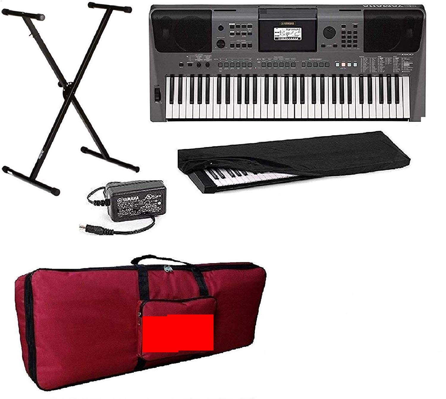Yamaha PSR-I500 Indian 61-keys keyboard with Adapter Red Carry Bag Dust Cover and Stand Combo Pack