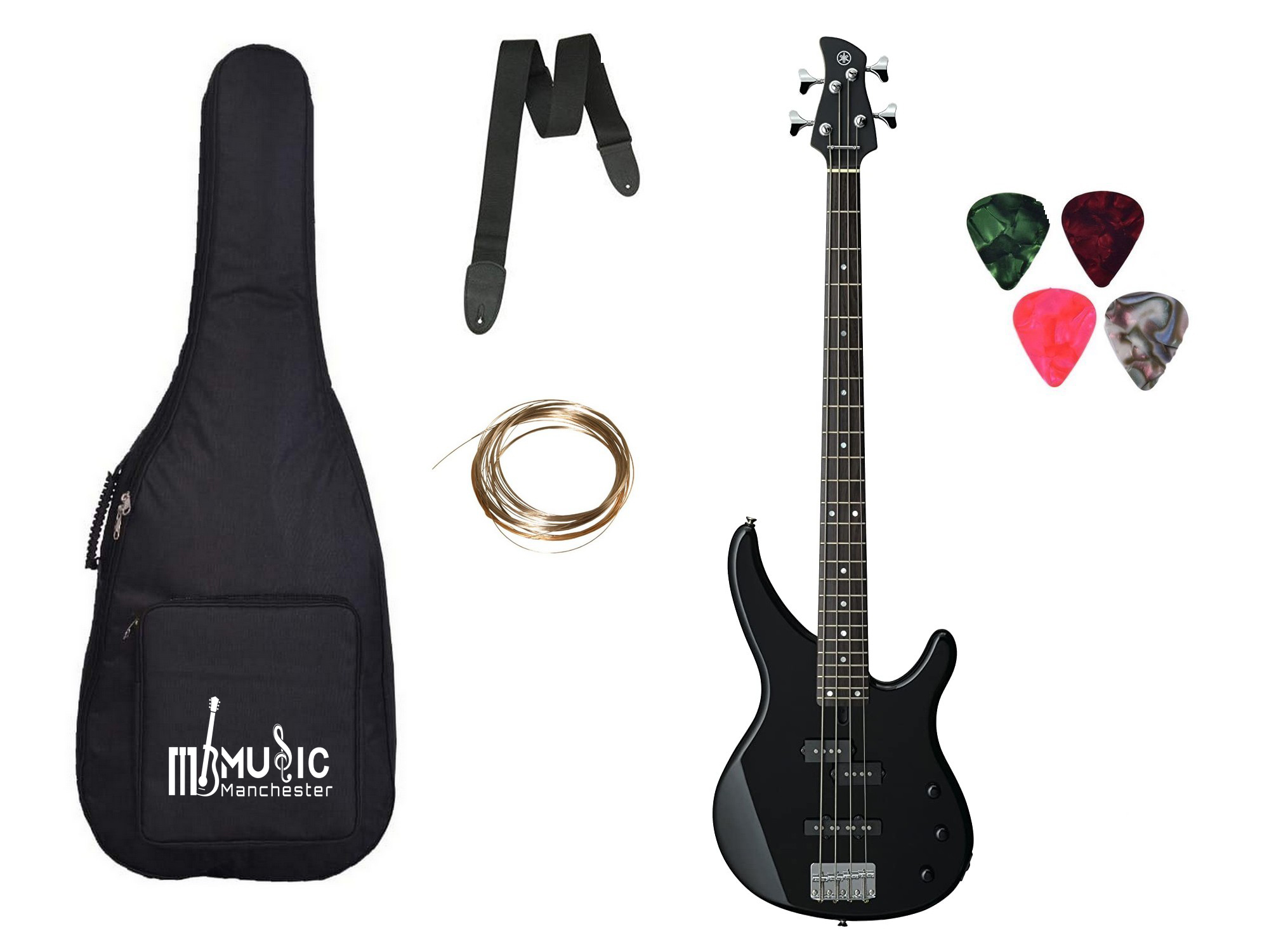 Yamaha TRBX174 Electric Bass Guitar Black With Padded Bag String Set Belt and Plectrums