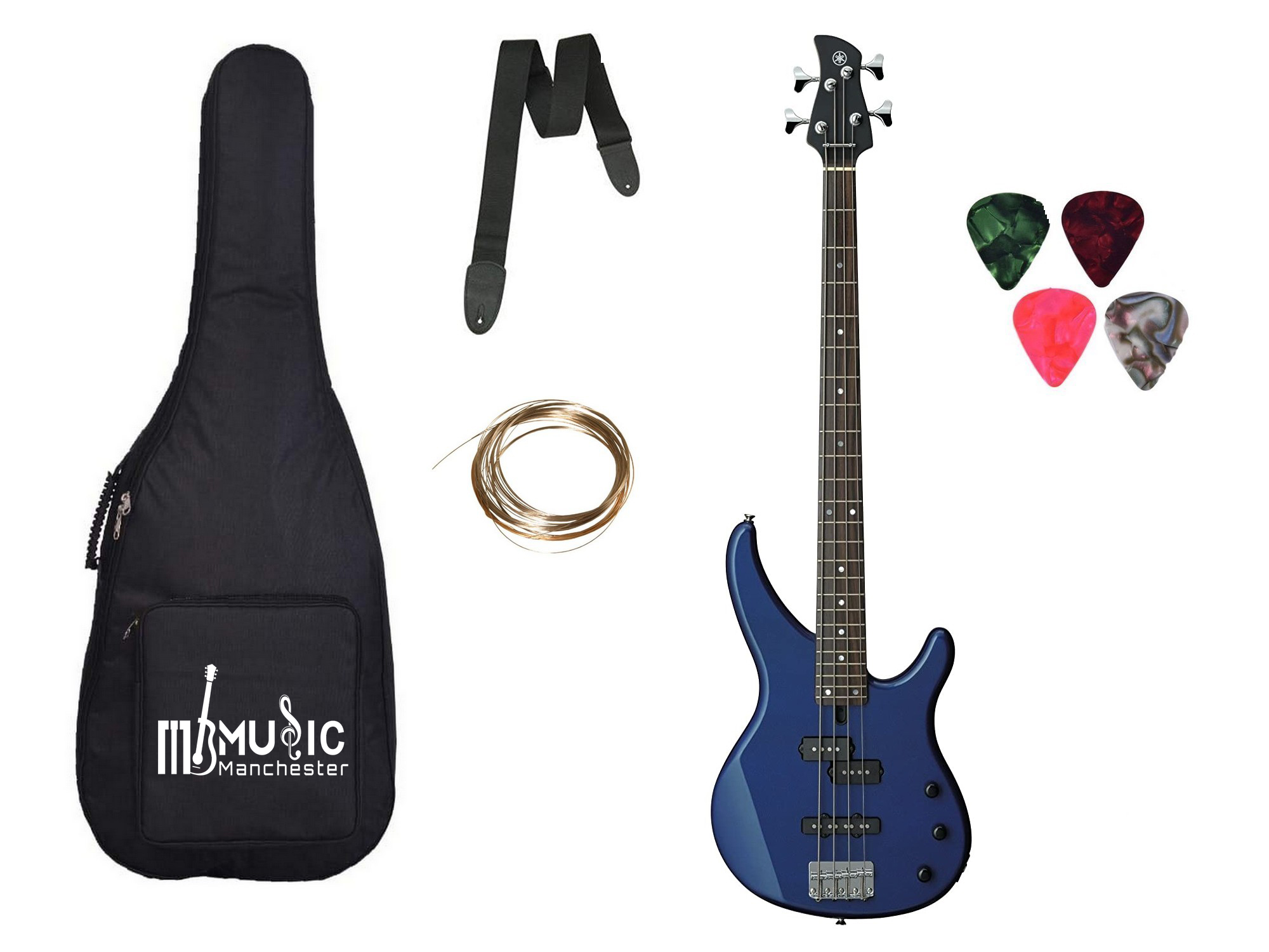 Yamaha TRBX174 4-String Electric Bass Guitar - Dark Blue Metallic With Belt String Set Padded bag and Picks