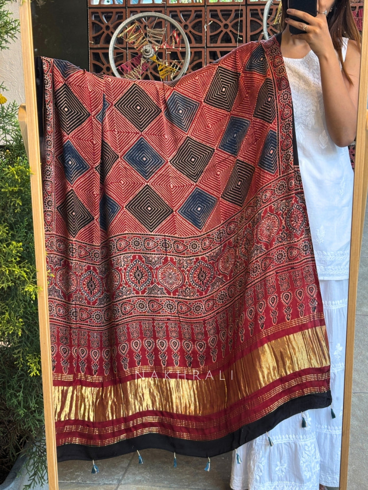 Anira Shine Maroon Ajrakh Modal Silk Dupatta