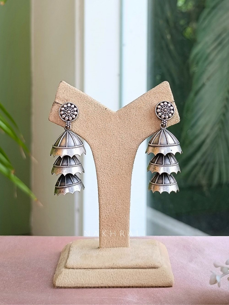 Silver Cascade Triple Jhumka Earrings