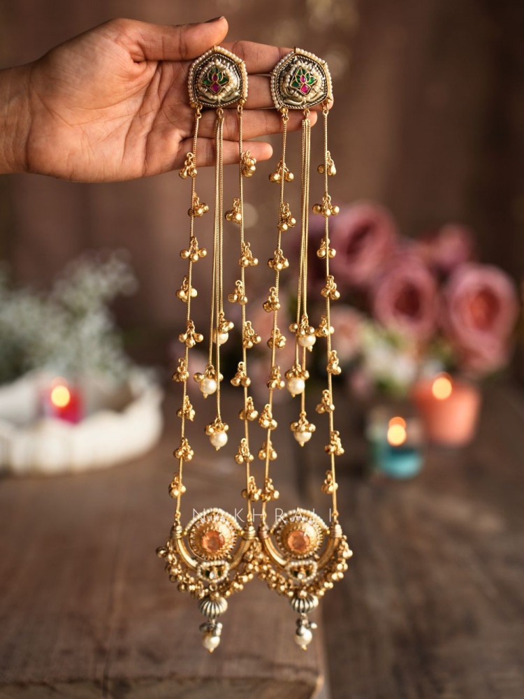 Zeenat Peach Kashmiri Long Drop Earrings