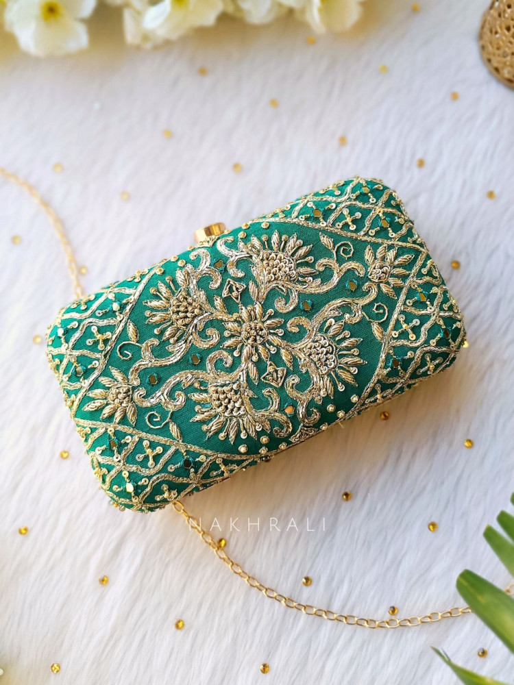 Green Zardozi Embroidered Clutch with Golden Accent