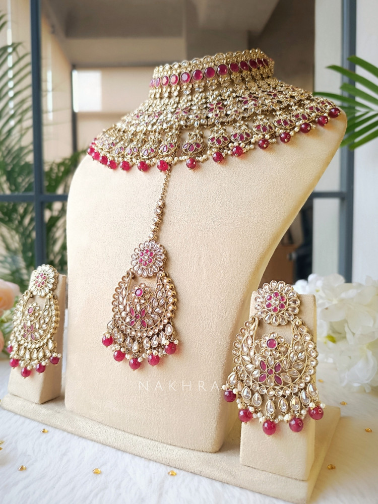 Royal Rosette Magenta Necklace Set with Matching Earrings and Maang Tikka