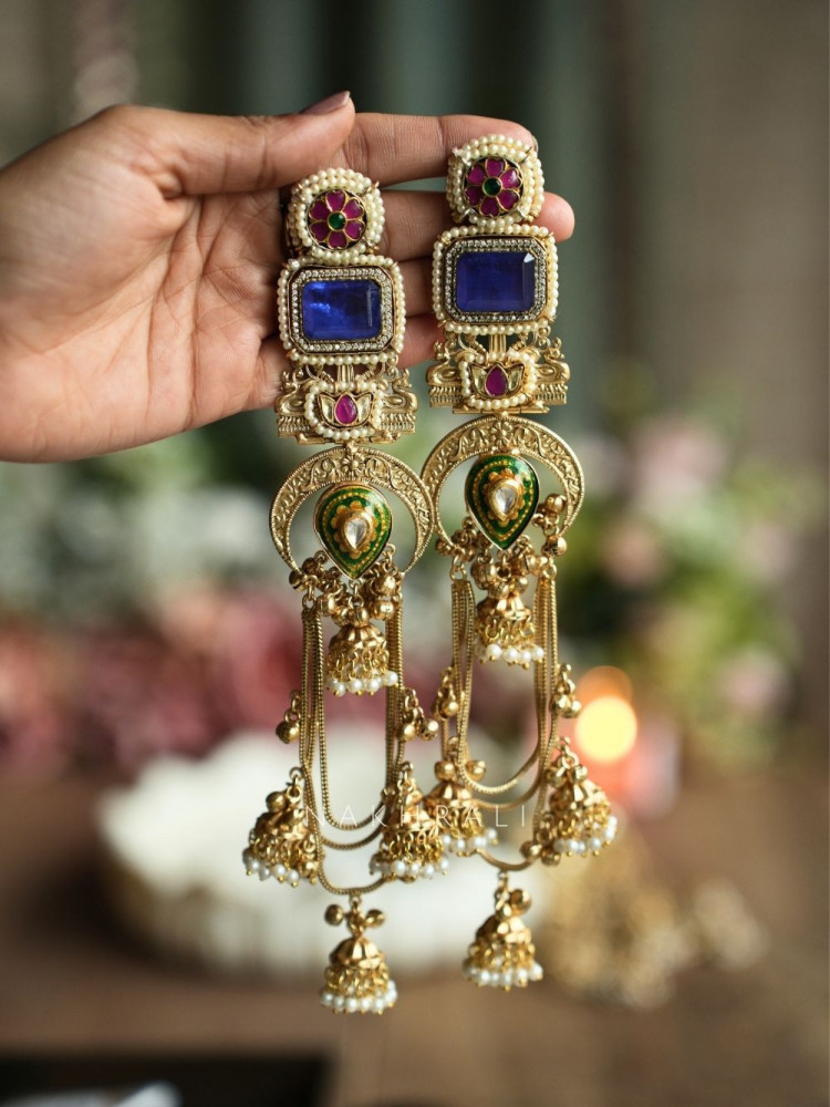 Alora Navy Stone Long Kashmiri Earring