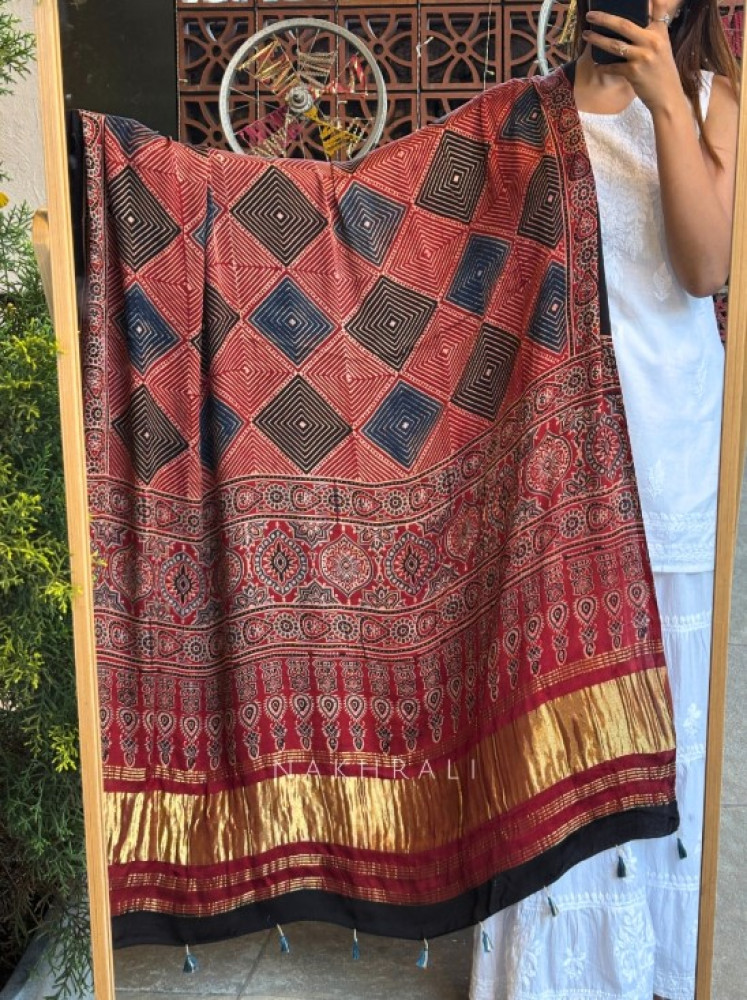 Anira Shine Maroon Ajrakh Modal Silk Dupatta