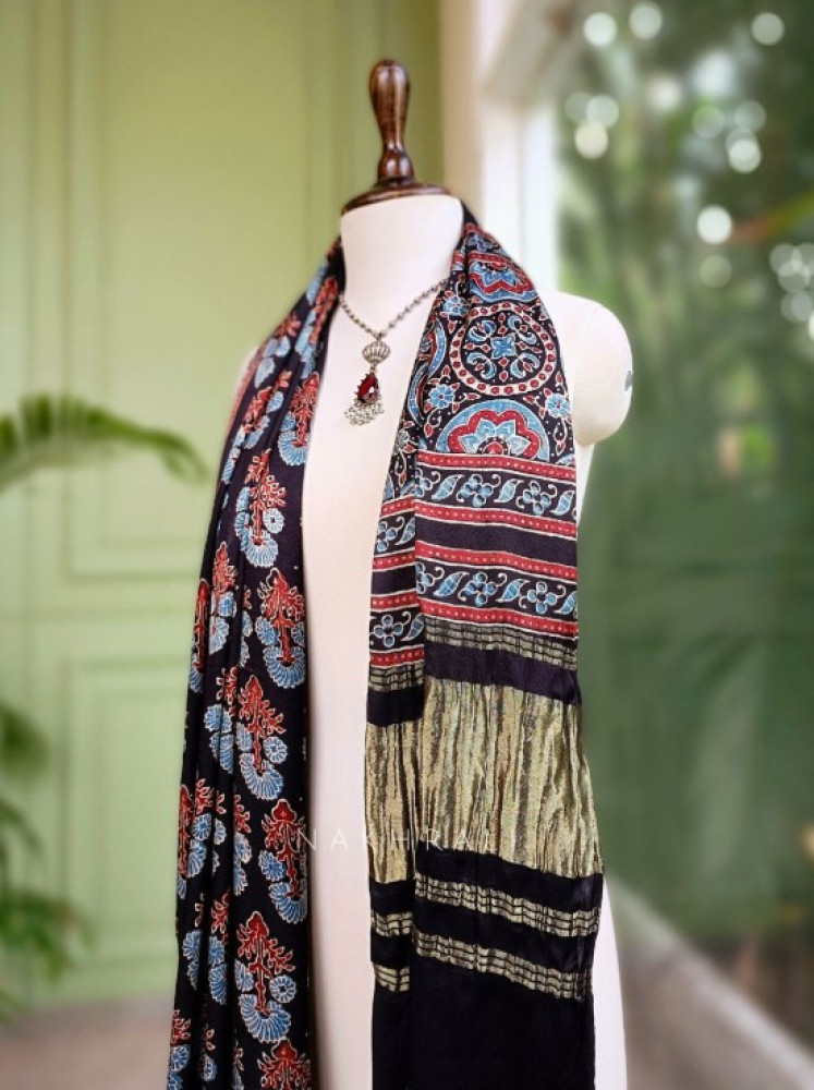 Iraaya Black Modal Silk Dupatta with Ajrakh Print and Zari Accents