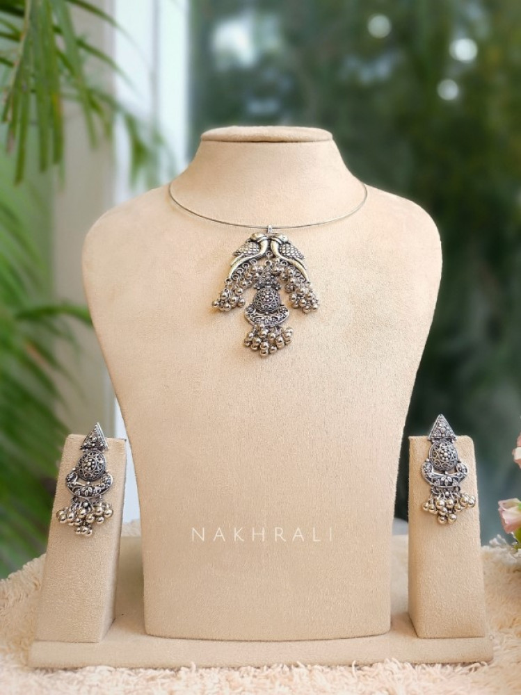 Peacock Charm Oxidised Jewellery Set with Earrings