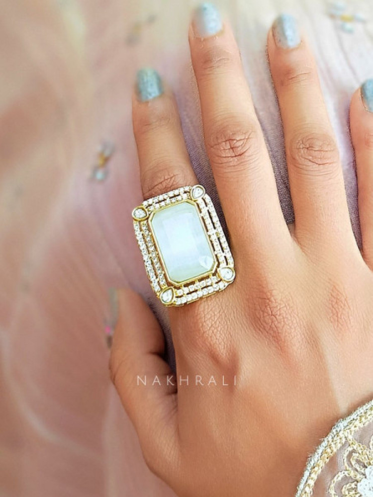 Ethereal Glow Rectangle Cocktail Ring with White Stone &amp; CZ Accents