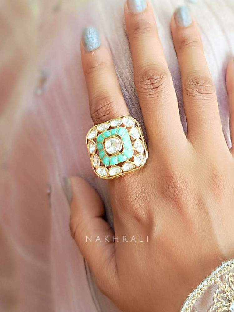 Aqua Glow Sea Green Adjustable Ring with Kundan Work