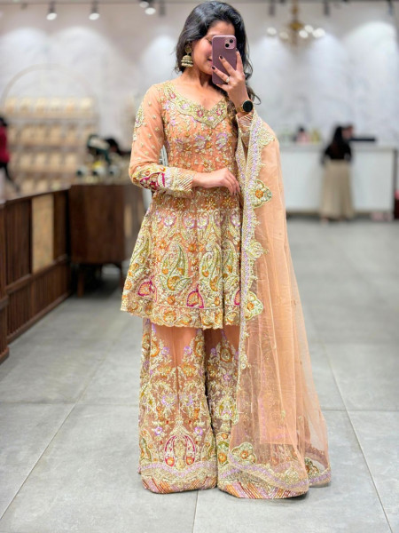 Peach Embroidered Kurta Palazzo Set with Net Dupatta