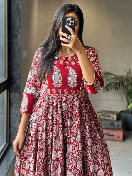 Noor Red Kalidar Block Printed Kurta