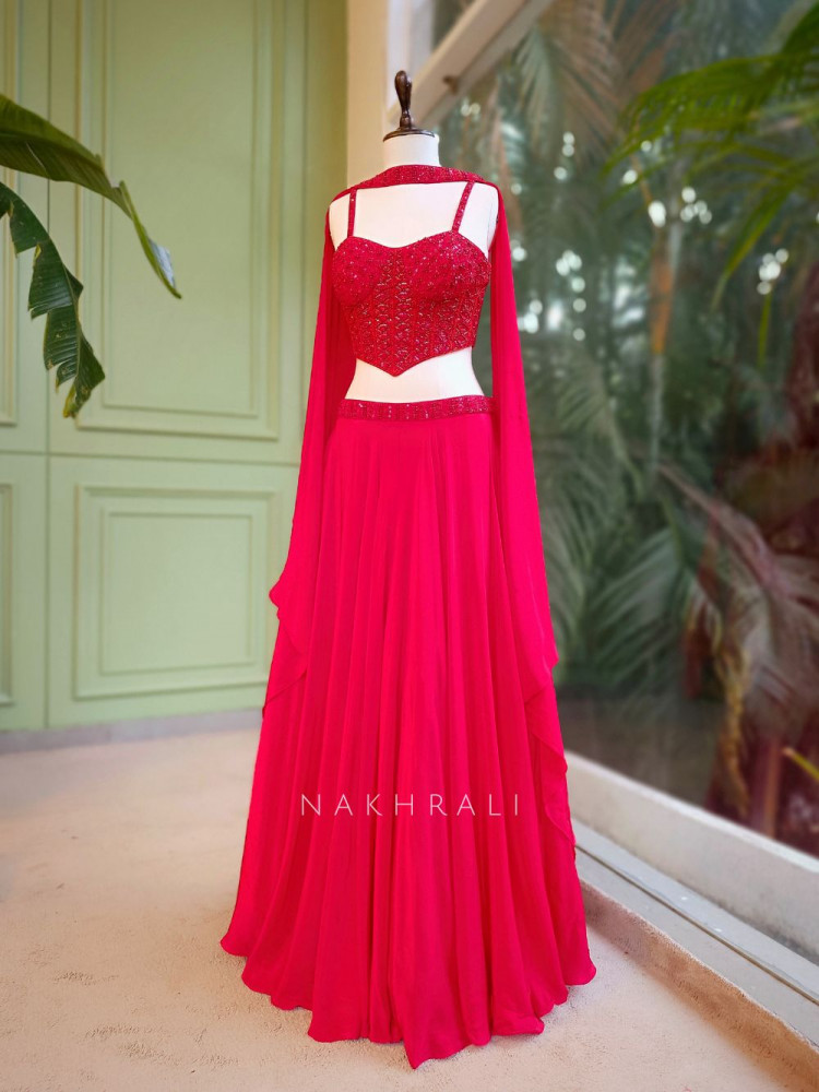 Image of Rivara Red Corset Lehenga Set with Cut Dana Work