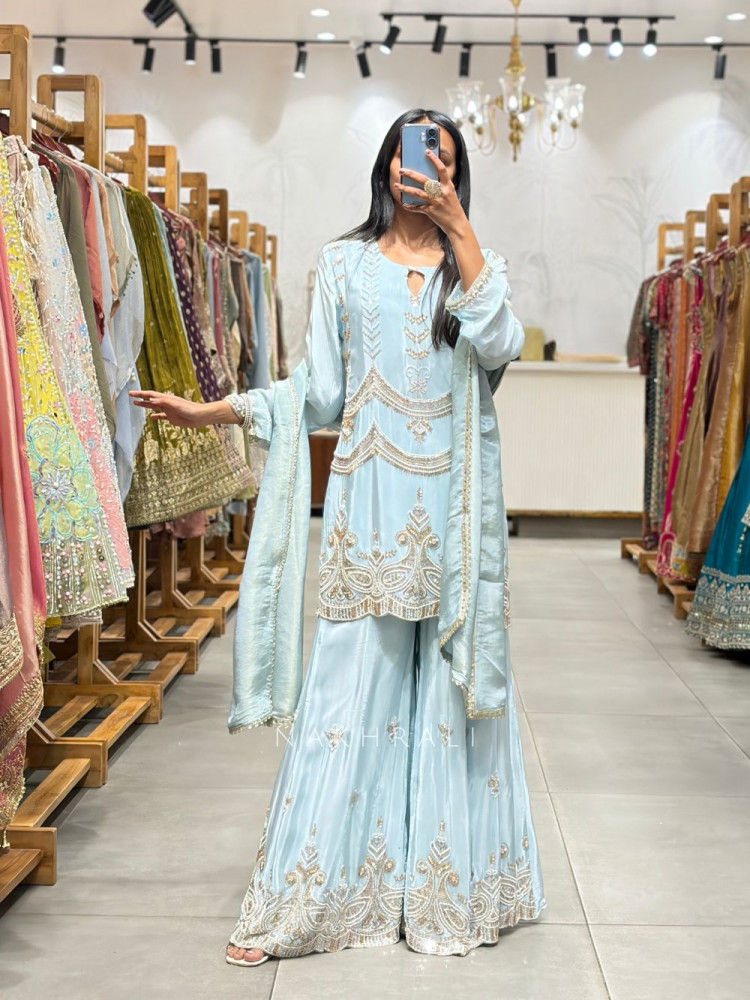 Image of Zivora Sky Blue Palazzo Suit Set with Bead Sequin Cut Dana Work