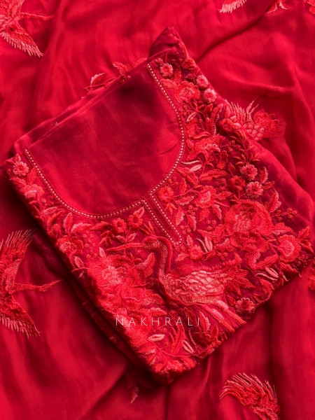Flamingo Red Tissue Dress Material with Parsi Embroidery