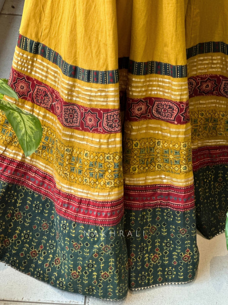 Jugni Yellow Block Printed Cotton Chaniya Choli