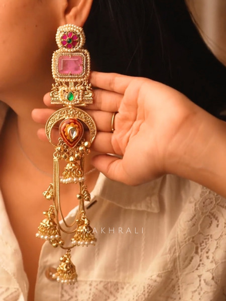 Alora Pink Stone Long Kashmiri Earring