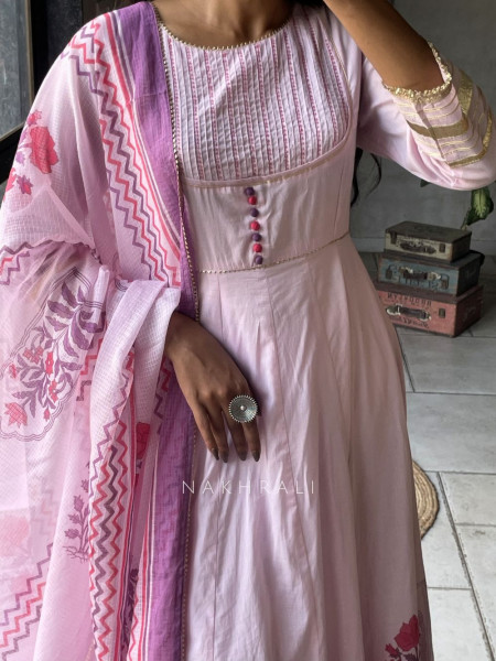 Mishka Pink Cotton Anarkali Suit Set with Print Work