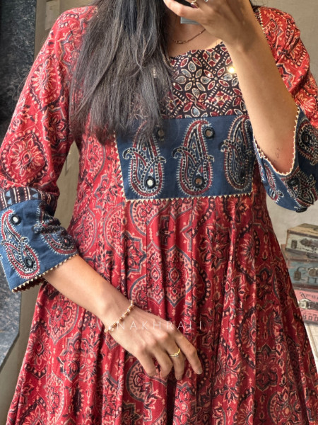 Saaz Red Kalidar Block Printed Kurta