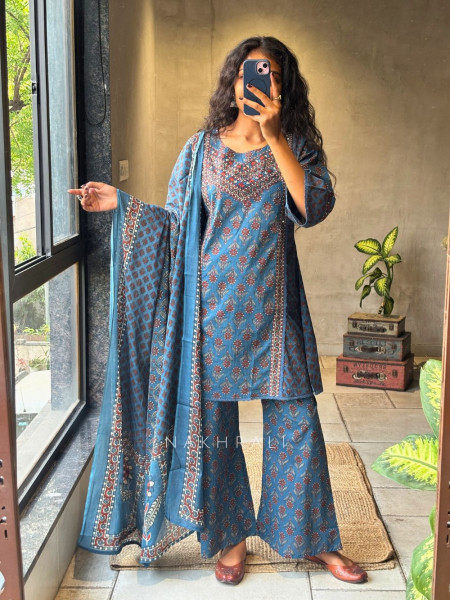 Tarin Blue Cotton Suit Set with Floral Print